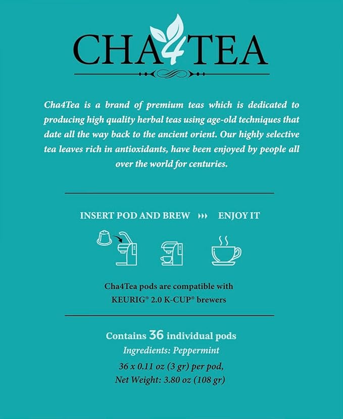 Cha4TEA 36-Count Peppermint Herbal Tea Pods Compatible with Keurig Brewers