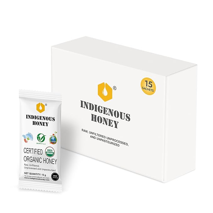INDIGENOUS HONEY Organic Natural Wild Honey Raw Pure Unprocessed Added Sugar Free NMR Tested Unpasteurized Unheated 15 Sachets Gift Pack 15g Each Total 225g