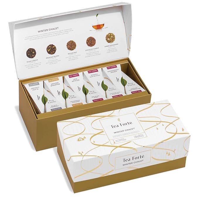 Tea Forte Premium Presentation Box Gift Set Sampler 20 Count Assorted Blends Individually Wrapped Handcrafted Pyramid Infuser Bags Winter Chalet