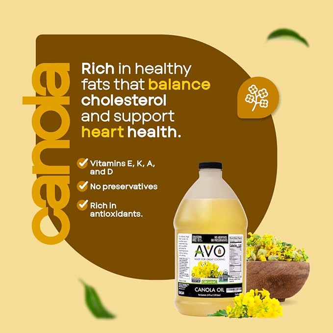 AVO Organic Canola Oil for Cooking Frying Baking Salads Vinaigrette Marinades - General Organic Cooking Oil 64 Fl-oz (Half a Gallon) NO preservatives added High Smoke Point 465°F