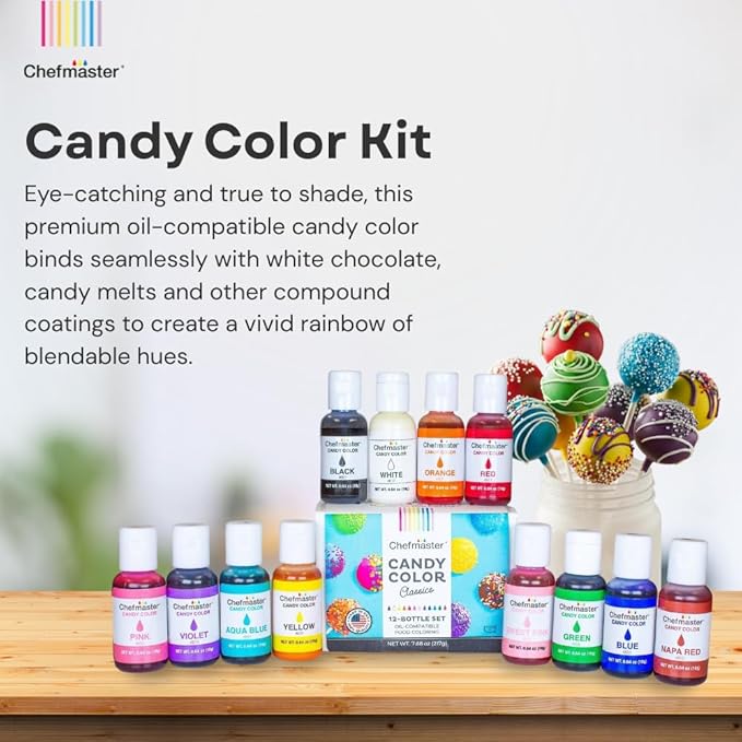 Chefmaster 12 Bottle Set of Candy Colors True-Tone Shades Oil-Based Professional-Grade Dye Chocolate Strawberries Cake Pops Decorating Easy-to-Use Manufactured in the USA 0.64 oz Each