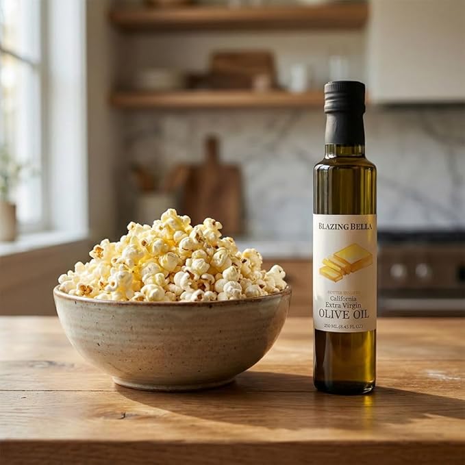 Blazing Bella Butter Olive Oil – Buttery Extra Virgin Olive Oil for Popcorn Cooking &amp Finishing – Cold-Pressed California Olive Oil – 8.45 fl oz (250ml)