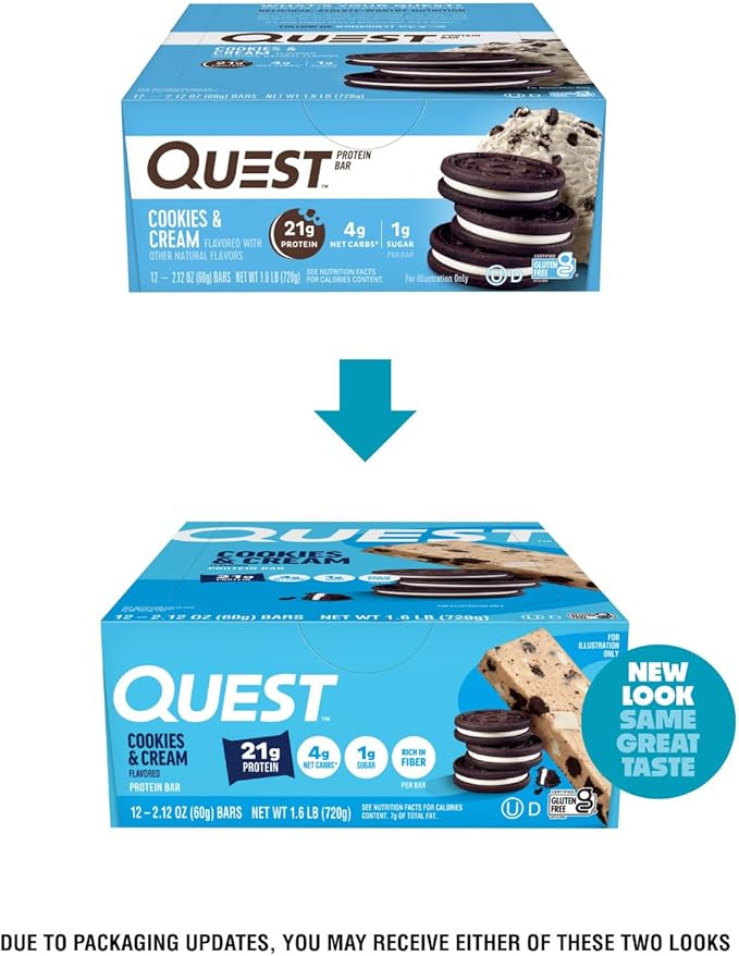 Quest Nutrition Cookies &amp Cream Protein Bars 21g Protein 1g Sugar 4g Net Carb High Fiber Gluten Free Keto Friendly 12 Count