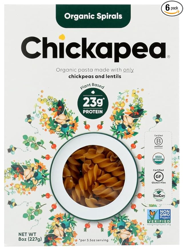 Chickapea Organic Chickpea and Red Lentil Pasta Spirals - Gluten-Free Vegan Protein Packed Rotini - 8 oz Each (Pack of 6)