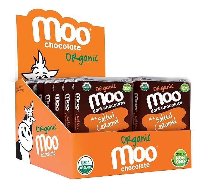 Moo Chocolates Organic Dark Chocolate Mini Bars with Salted Caramel 0.7oz 14 ct (Pack of 1) | USDA Organic Non-GMO | 100 Calorie Snacks for On-the-Go Lunchboxes Office