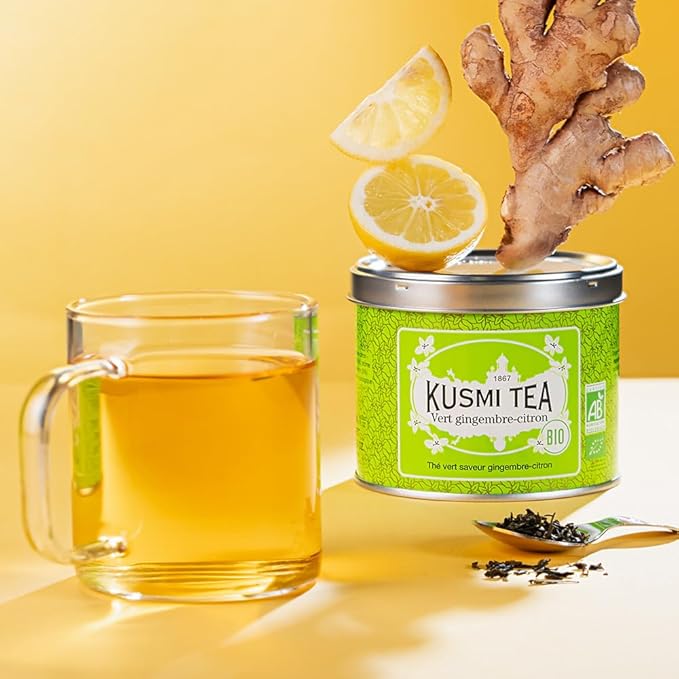 Kusmi Tea - Green Ginger Lemon - Organic Blend of Green Tea with Ginger &amp Lemon - Enjoy Hot or Iced - Loose Leaf Tea - Tin Box of 3.5 oz - Quantity for about 50 cups