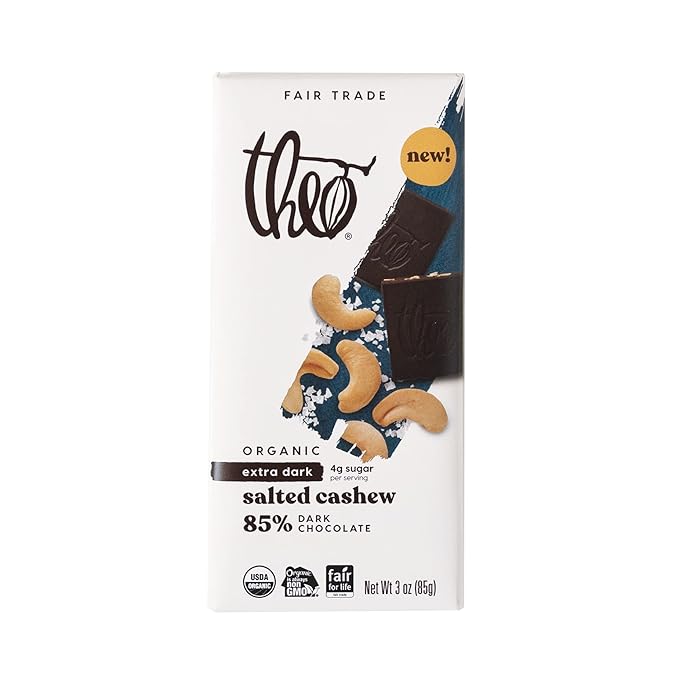 Theo Chocolate Salted Cashew Organic Dark Chocolate Bar 85% Cacao 6 Pack | Vegan Fair Trade