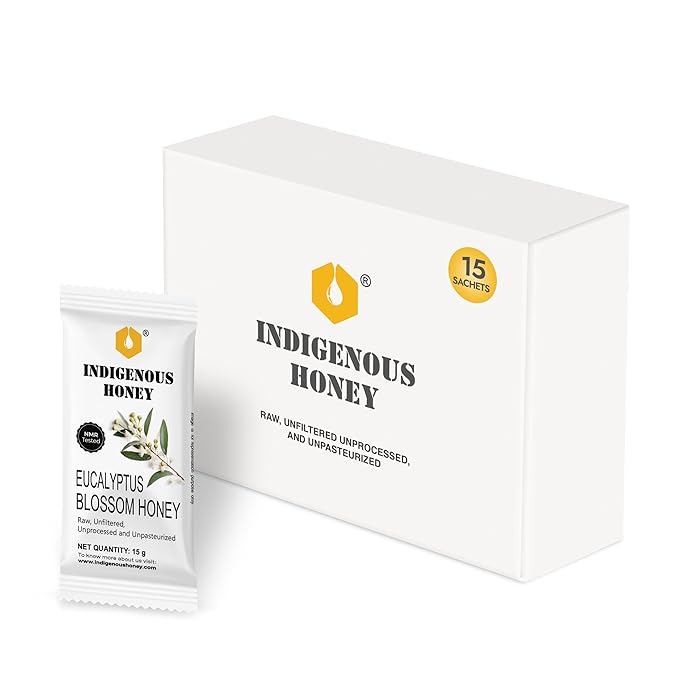 INDIGENOUS HONEY Organic Eucalyptus Honey Natural Raw Pure Unprocessed Added Sugar Free NMR Tested Unpasteurized Unheated 15 Travel Sachets 15g Each Total 225g