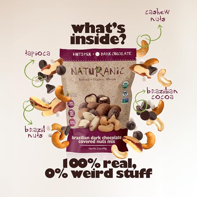 Naturanic Brazilian Dark Chocolate Covered Nuts Snack No sugar Keto friendly Net Carb Zero All NAtural Organic Vegan - Pack of 12