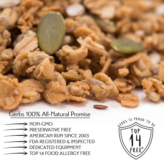 Gerbs Super 5 Seed Granola 2 LBS - Top 14 Food Allergy Free &amp Non GMO - Keto Safe &ampUnsulfured - Pumpkin Sunflower Chia Hemp Flax Seeds