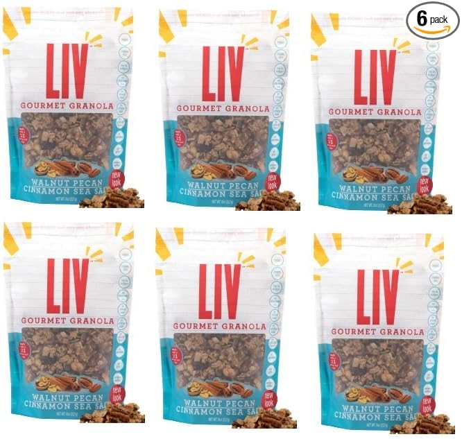 Liv Gourmet Cinnamon Sea Salt Granola - 8oz (Pack of 6) | Healthy Nutrient-Dense Snack Breakfast Cereal | 1:1 Nut-to-Oat Ratio | Non-GMO Low Sugar Vegan | Organic Oats No Artificial Ingredients