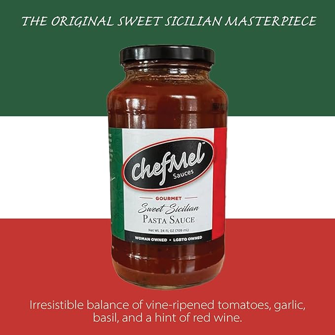 ChefMel’s Sweet Sicilian-Style Pasta Sauce - Rich &amp Velvety Italian Tomato Sauce Infused with Red Wine - Handcrafted in Small Batches - Gluten-Free - For Pasta Pizza &amp More - 24oz Jar (2 Pack