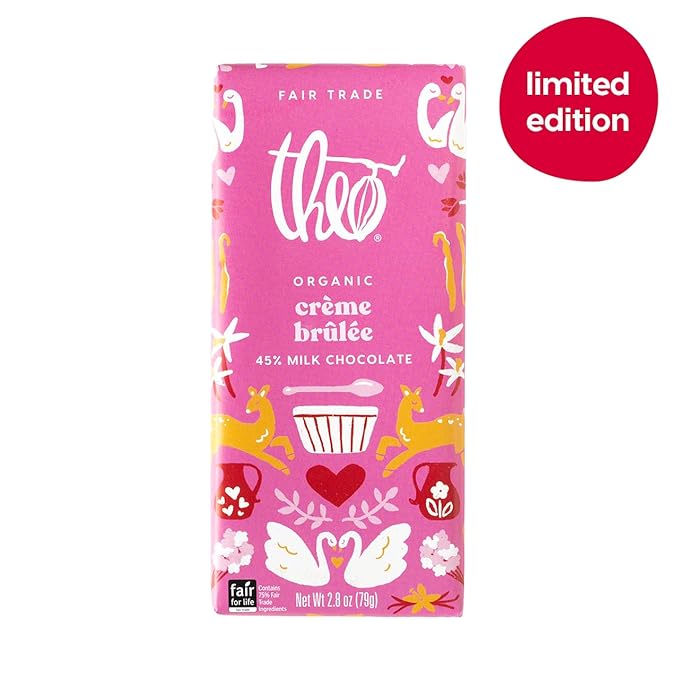 Theo Chocolate Valentine's Day Creme Brulee Organic Milk Chocolate Bar 45% Limited Edition 12 Pack Fair Trade Non-GMO