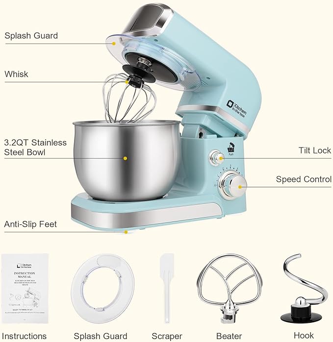 Kitchen in the box Stand Mixer3.2Qt Small Electric Food Mixer6 Speeds Portable Lightweight Kitchen Mixer for Daily Use with Egg WhiskDough HookFlat Beater (Blue)