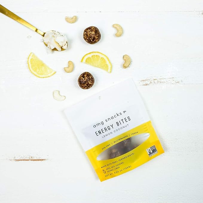 AMG Snacks Lemon Coconut Energy Bites | 4.3 oz Pack of 6 (72 Bites Total) | Date and Nut Energy Snacks Protein Bars | Non GMO Gluten Free Vegan Protein Bites | Made with All Natural Ingredients