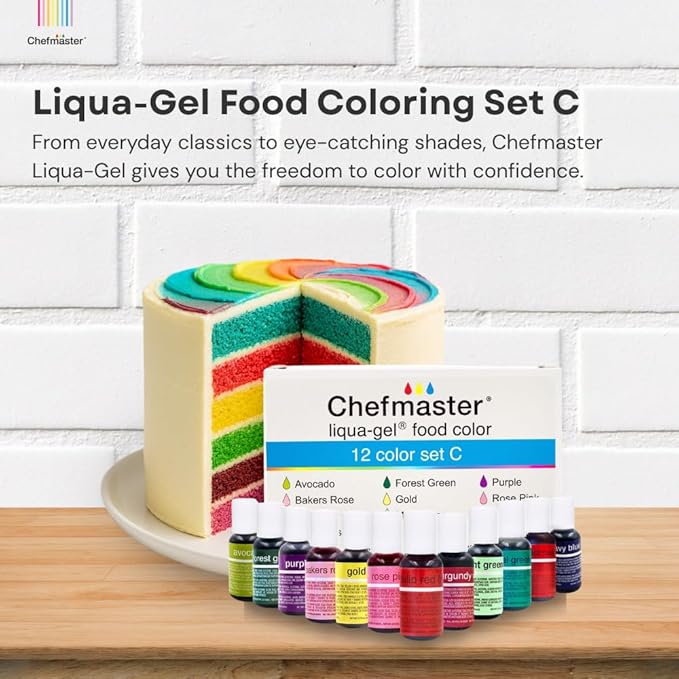 Chefmaster - Liqua-Gel Food Coloring - 12 Color Set C - Fade Resistant - 12 Pack - Vibrant Eye-Catching Colors Easy-To-Blend Formula - Made in the USA