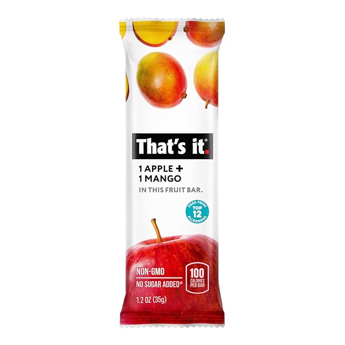 That's it. Apple + Mango 100% Natural Real Fruit Bar Best High Fiber Vegan Gluten Free Healthy Snack Paleo for Children &amp Adults Non GMO No Sugar Added No Preservatives Energy Food (12 Pack)
