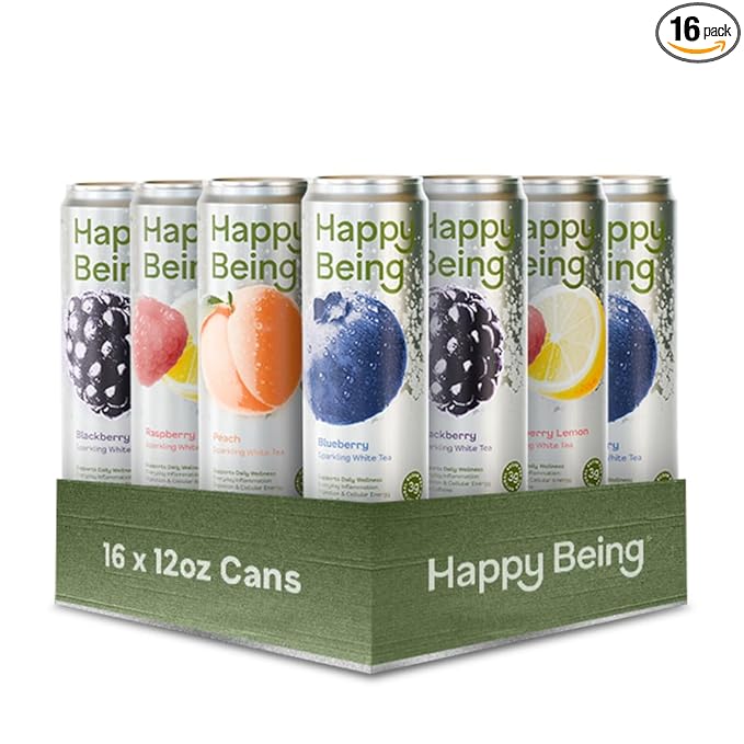 Happy Being White Tea Sparkling Variety Pack – Blueberry Blackberry Peach Raspberry Lemon Antioxidant &amp Polyphenol Rich Infused with Turmeric Elderberry Caffeine Free Plant-Based Low Suga