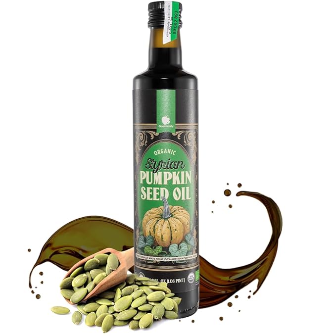 Gourmanity Organic Cold Pressed Styrian Pumpkin Seed Oil Traditionally Made in Austria 100% Pure Healthy and Delicious Oil Non-GMO Vegan and Keto Friendly Perfect Drizzled Over Salads 16.9 oz