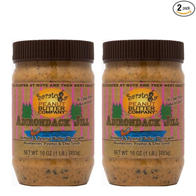 Saratoga Peanut Butter Company Adirondack Jill AlmondPeanut Blend with Blueberries Chia Seeds Cinnamon Honey Pepitas. 16 Ounce Jar. Gluten Free Non GMO Freshly Made All Natural. Shipping oz jar