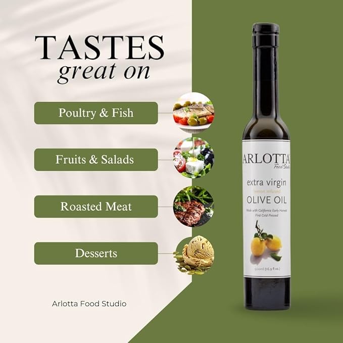 500ml Organic Lemon Infused Extra Virgin Olive Oil Cold Pressed | California EVOO Kosher by Arlotta Food Studio | Citrus Finishing Oil for Seafood Vegetables Baking Salad Dressing | USA Made