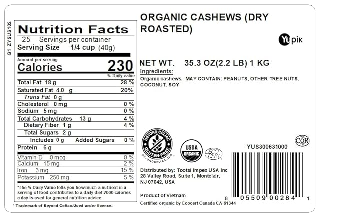 Yupik Organic Dry Roasted Cashews 2.2 lb (35.2 oz) Kosher Gluten-Free Non-GMO Vegan Crunchy Nuts Unsalted Lightly Roasted Oil-Free Source of Protein &amp Iron Nutritious Healthy Snacks