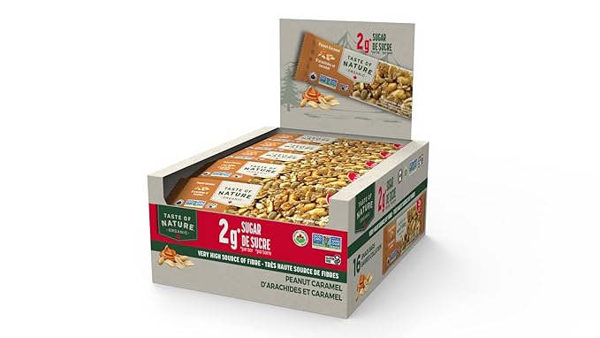 Taste of Nature - Organic 2g Sugar Peanut Caramel - Low Sugar Snack and Breakfast Bar High Fiber Energy Bar - 16 Count Snack Pack