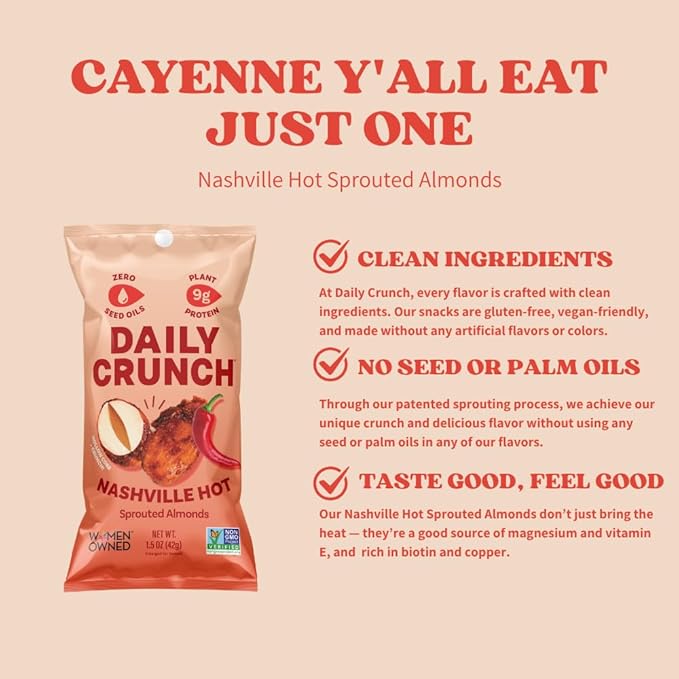 Daily Crunch Sprouted Almonds 1.5 Ounce Mini On-The-Go Bags Sprouted and Dehydrated for a Unique Crunch Keto Friendly Non-GMO (1.5 Ounce Nashville Hot)