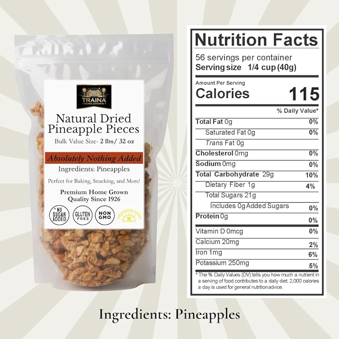 Traina Home Grown Dried Natural Pineapple Pieces – No Sugar Added Non-GMO Gluten-Free Kosher Vegan Healthy Snack in Resealable Bag (2 lb)