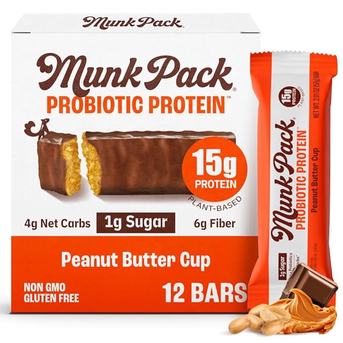 Munk Pack Peanut Butter Cup Probiotic Keto Protein Bars | 15g Plant Protein 1g Sugar 4g Net Carbs | Non-GMO Plant-Based Low Sugar Gluten-Free Snacks | 12 Count