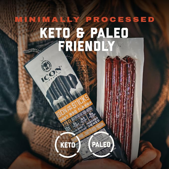 ICON Meats Bison and Pork Snack Sticks Honey BBQ 6 Pack High Protein Snacks 4 Meat Sticks per Pack Low Sugar Gluten Free Natural USDA Inspected Made in the USA Gifts for Him