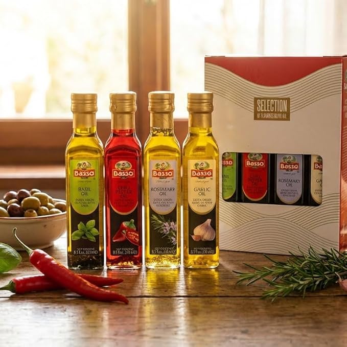 BASSO 1904 - Infused Extra Virgin Olive Oil Gift Box Set First Cold Pressed Variety Pack 4 bottles x 8.5 fl.oz (250ml) Naturally Infused for Dipping &amp Tasting