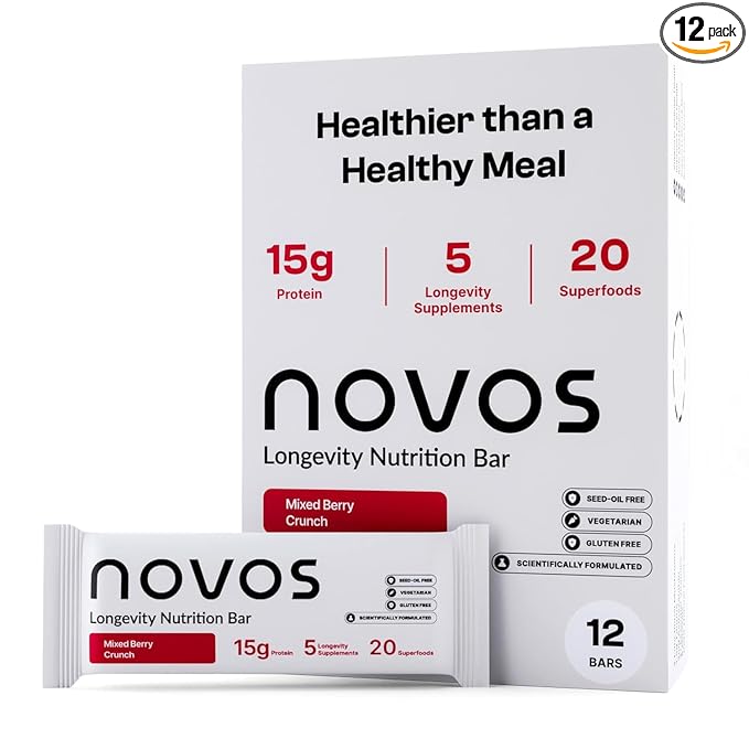Novos Longevity Protein Bar | 15g Protein 20 Superfoods 5 Longevity Ingredients for Men &amp Women | Supports Skin Mind &amp Mood | Mixed Berry Crunch (12-Pack)