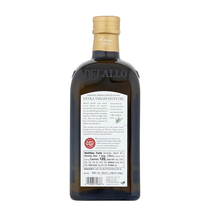 DeLallo Extra Virgin Olive Oil Made in Italy Made from Cold-Pressed Olives For Cooking and Baking Non-GMO Kosher Smooth Velvety Texture 33.8 oz Bottle (2 Pack)