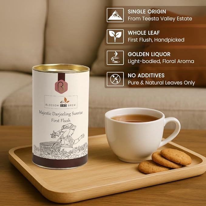 Blossom &amp Brew Majestic Darjeeling Sunrise First Flush Black Tea (1.76oz) – Whole Leaf from Teesta Valley – Rich Flavored &amp Aromatic Breakfast Brew – Caffeinated Indian Tea for Hot or Iced Bev
