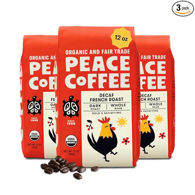 Peace Coffee Decaf French Roast Whole Bean Coffee Dark Roast 12 oz Pack of 3 Organic Fair Trade Nutty Bold Flavor Shade Grown Fresh Roasted