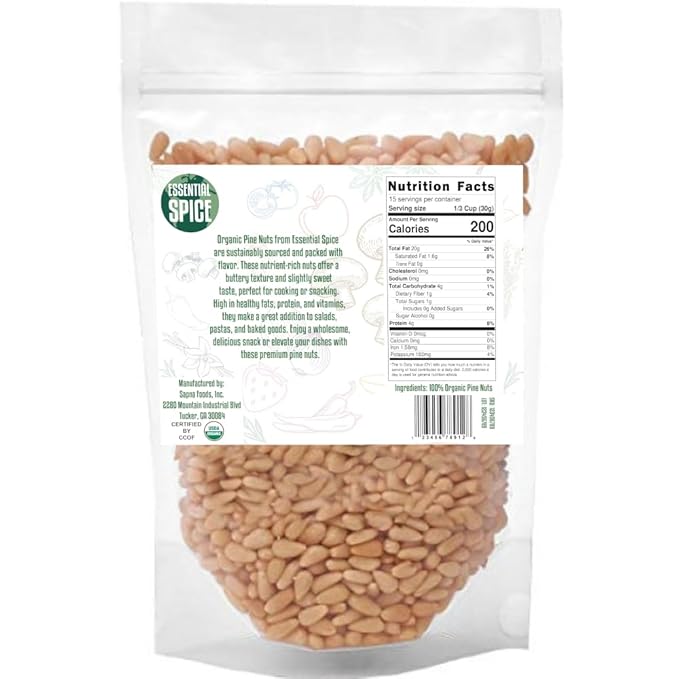 Essential Spice Organic Pine Nuts (Pignolias) 1 Lb – Premium Quality Raw &amp Natural Perfect for Pesto Baking Salads and Snacking – Rich in Protein &amp Healthy Fats – Fresh Non-GMO Reseala