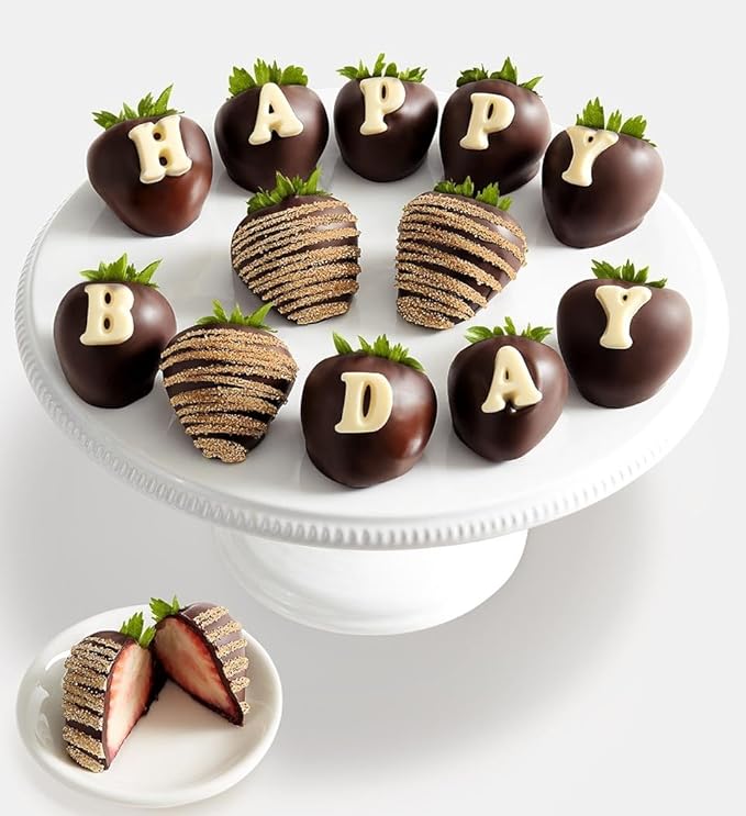 Shari’s Berries Happy Birthday Belgian Chocolate Covered Strawberries | Premium Birthday Gift Box (Full Dozen 12 Berries)