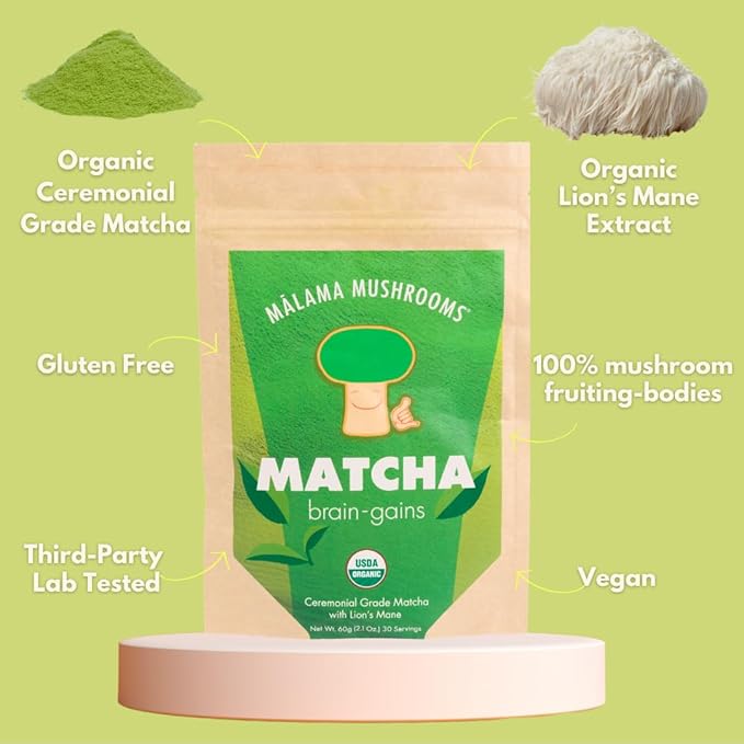Malama Ceremonial Grade Matcha Powder - Premium Japanese Matcha Green Tea Powder with Organic Lion’s Mane Extract - Organic Gluten-Free Vegan &amp Unsweetened (2.1 oz) for Energy &amp Focus