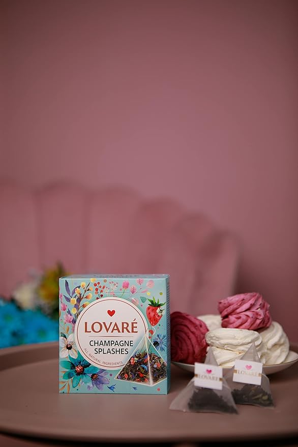 LOVARE Assorted Tea Variety Pack of 60 Pyramids - Made in Ukraine - Set of 4 Pyramid Tea Bags Boxes – 1001 Nights Strawberry Marshmallow Sparkling Splashes Berry Jam - Flavored tea Pyramid Bags