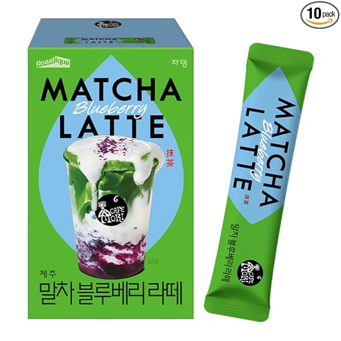 ROASTIQUE Official Café Mori Jeju Matcha Latte 10 Sticks 90 Calories Ceremonial Grade Green Tea Powder Sweetened Café Quality Drink Mix Blueberry 7 oz