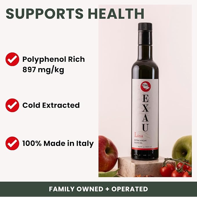 EXAU Extra Virgin Olive Oil - Lina 897 mg/kg Polyphenol Rich Olive Oil Cold Extracted Premium Italian EVOO Made in Italy Use for Drinking Cooking and Finishing 16.9 fl oz (500ml)