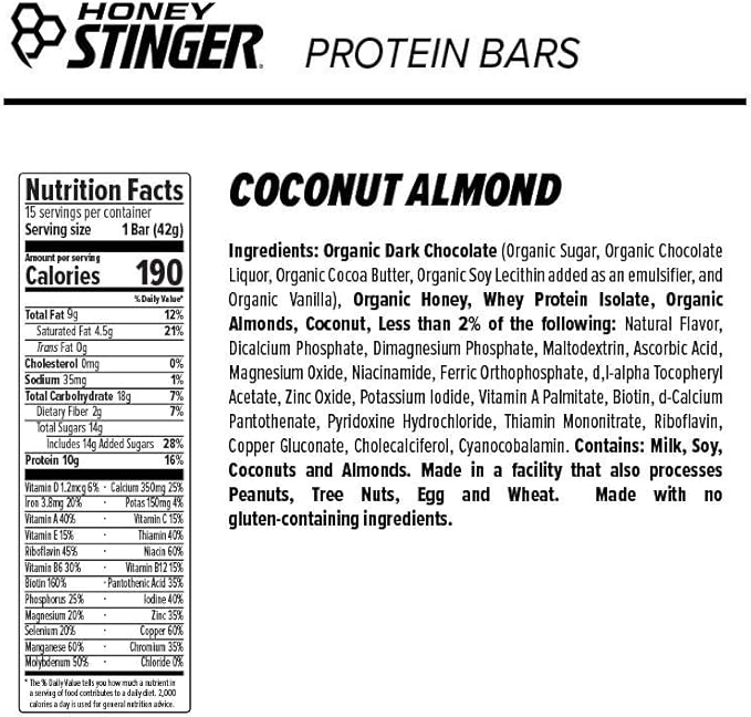 Honey Stinger Protein Bar Coconut Almond Protein Packed Food for Exercise Endurance and Performance Sports Nutrition Snack for Home &amp Gym Post Workout 15 Pack