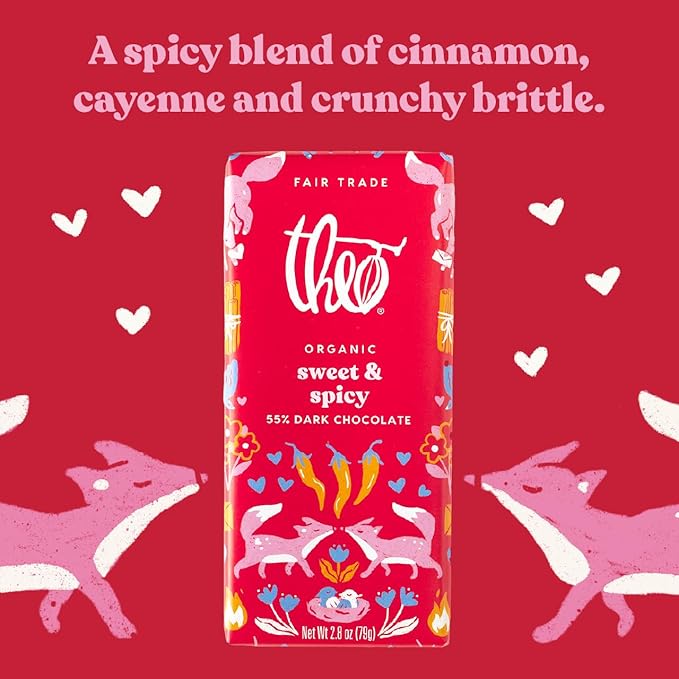 Theo Chocolate Valentine's Day Sweet &amp Spicy | Cinnamon &amp Cayenne Organic Organic Dark Chocolate Bar 55% Limited Edition 12 Pack Vegan Fair Trade Non-GMO