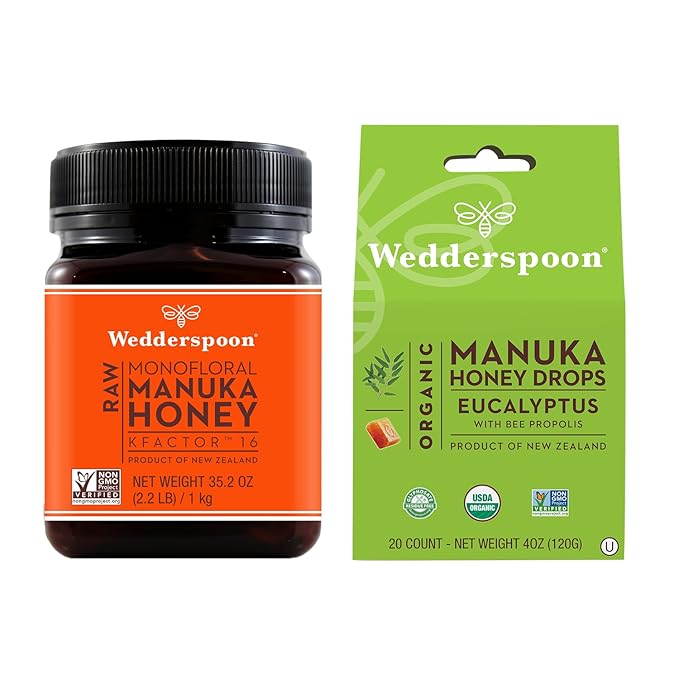 Bundle - Wedderspoon Raw Premium Manuka Honey KFactor 16 (35.2 Oz) and Manuka Honey Drops Eucalyptus &amp Bee Propolis (4 Oz)
