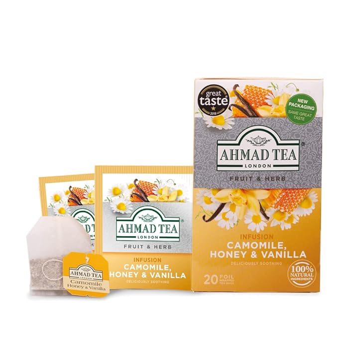 Ahmad Tea Herbal Tea Camomile Honey &amp Vanilla Teabags 20 ct (Pack of 6) - Decaffeinated &amp Sugar-Free