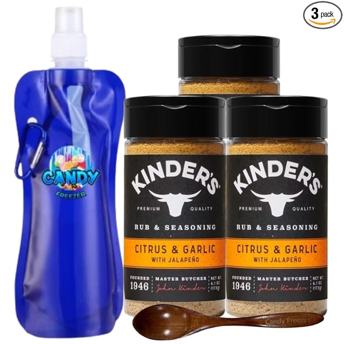 Kinder’s Premium Blend Seasoning – Three (3) 6.1 oz Bottles – All-Purpose Rub for Grilling Cooking &amp Roasting – No MSG Gluten-Free Non-GMO – Includes Collapsible Bottle &amp Wooden Spoon (Tota