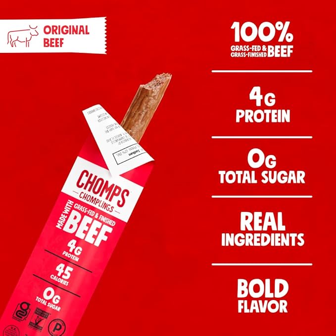 Chomps Snack Size Grass-Fed Original Beef Jerky Snack Sticks 0.5oz 24-Pack - Keto Paleo Whole30 4g Lean Meat Protein Gluten-Free Zero Sugar Food Non-GMO Chomplings