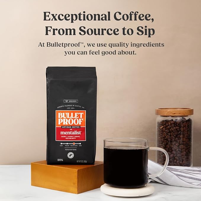 Bulletproof The Mentalist Medium-Dark Roast Whole Bean Coffee 12 Ounces Clean Coffee Tested for Toxins Packaging May Vary (Pack of 2)