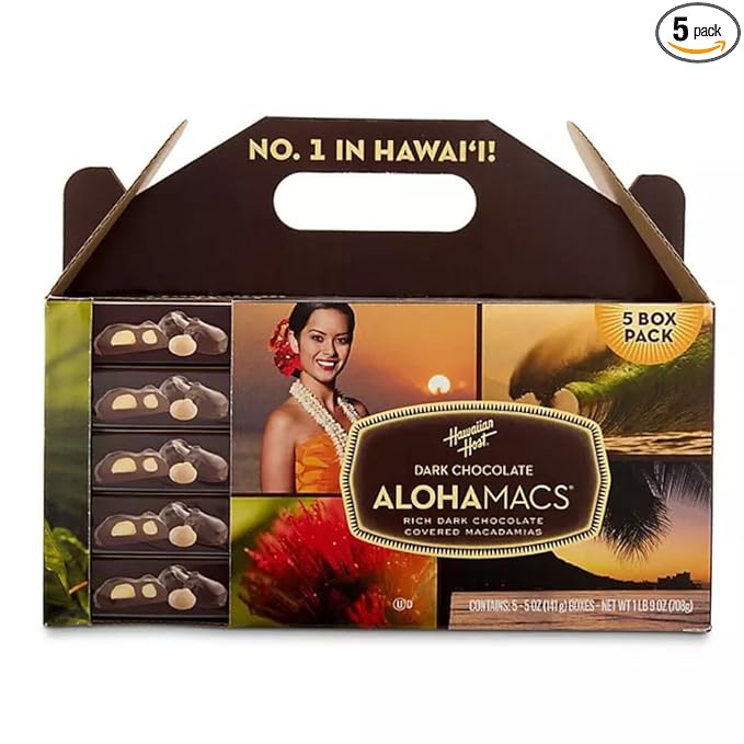 Hawaiian Host AlohaMacs Dark Chocolate Macadamia Nuts - Premium Hawaiian Easter &amp Mother's Day Gift - 5 Box Tote (25oz Total)